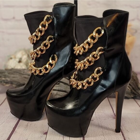 Z Gold Black ZiGi Girl Chained Platform Stiletto Sock Boots - Picture 3 of 14